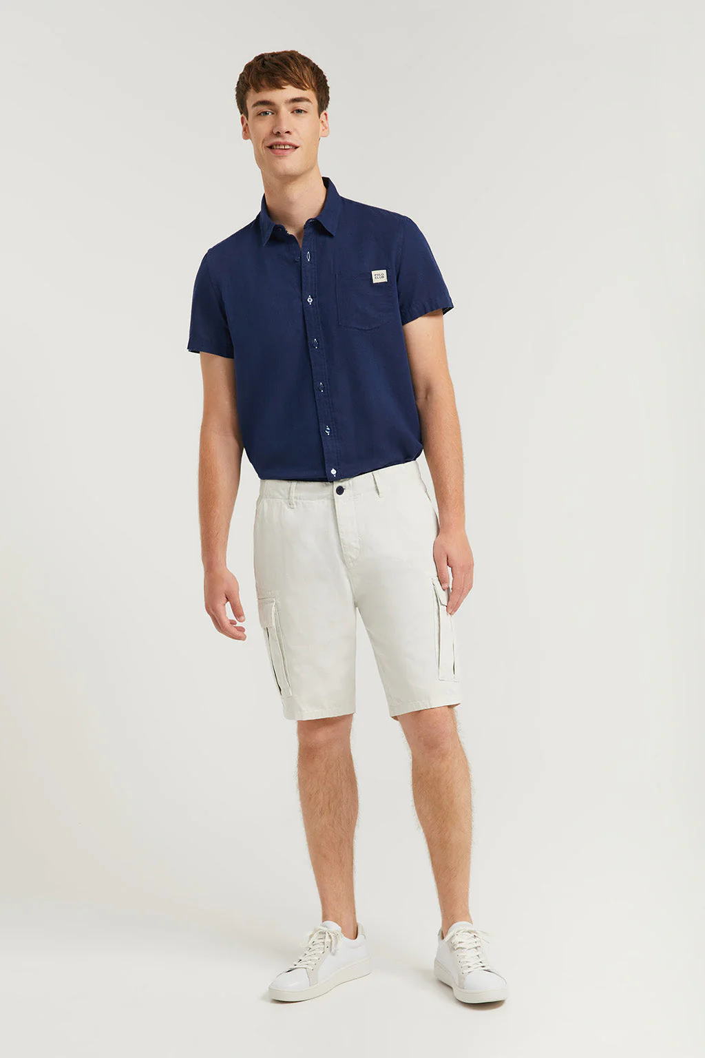 Light-grey cargo shorts with embroidered logo