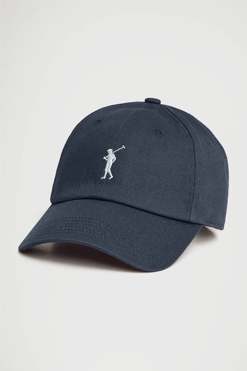 Denim-blue six-panel cap with Rigby Go logo