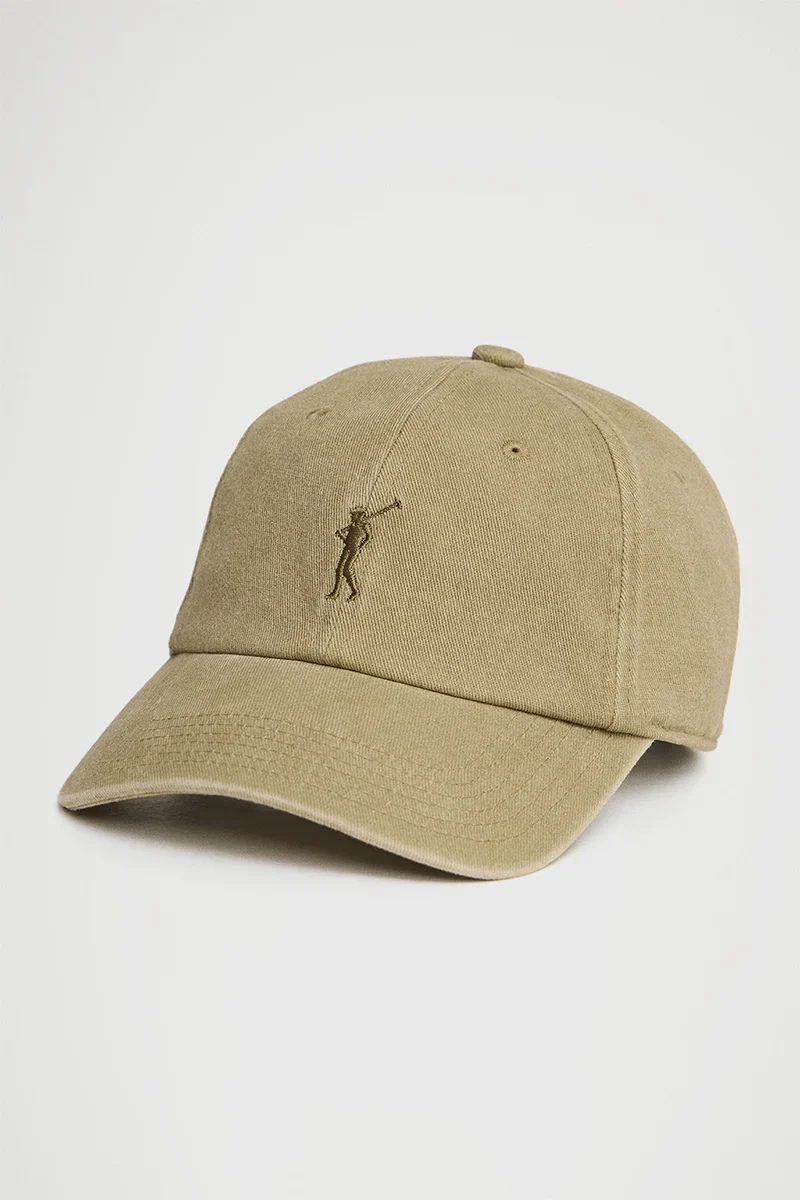 Dark-khaki six-panel cap with washed effect and Rigby Go logo