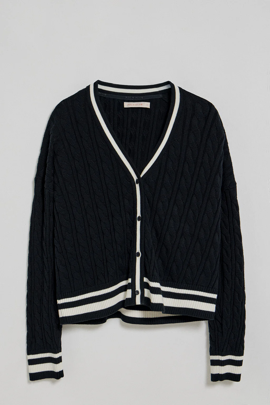 Navy-blue cable-knit short cardigan with buttons and nautical patch - Image 5