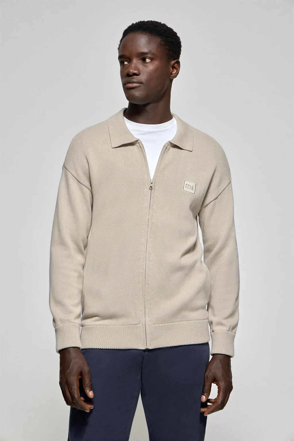 Stone-grey knit cardigan with Polo Club logo