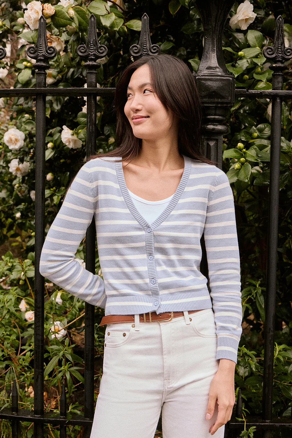 Light-blue striped cardigan with nautical patch - Image 5