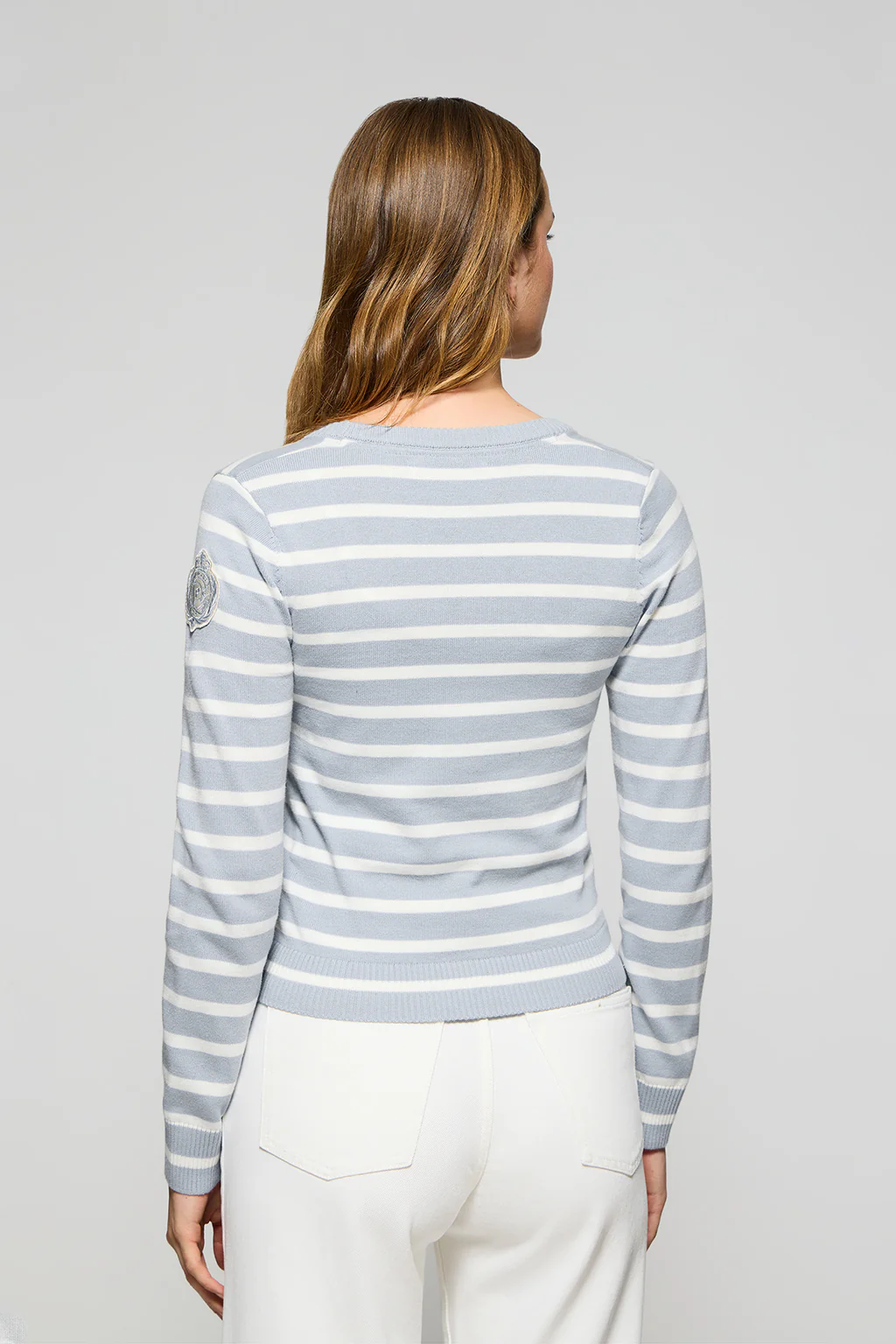 Light-blue striped cardigan with nautical patch - Image 6
