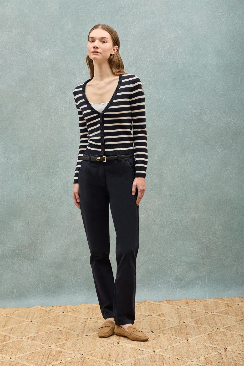 Navy-blue striped cardigan with nautical patch