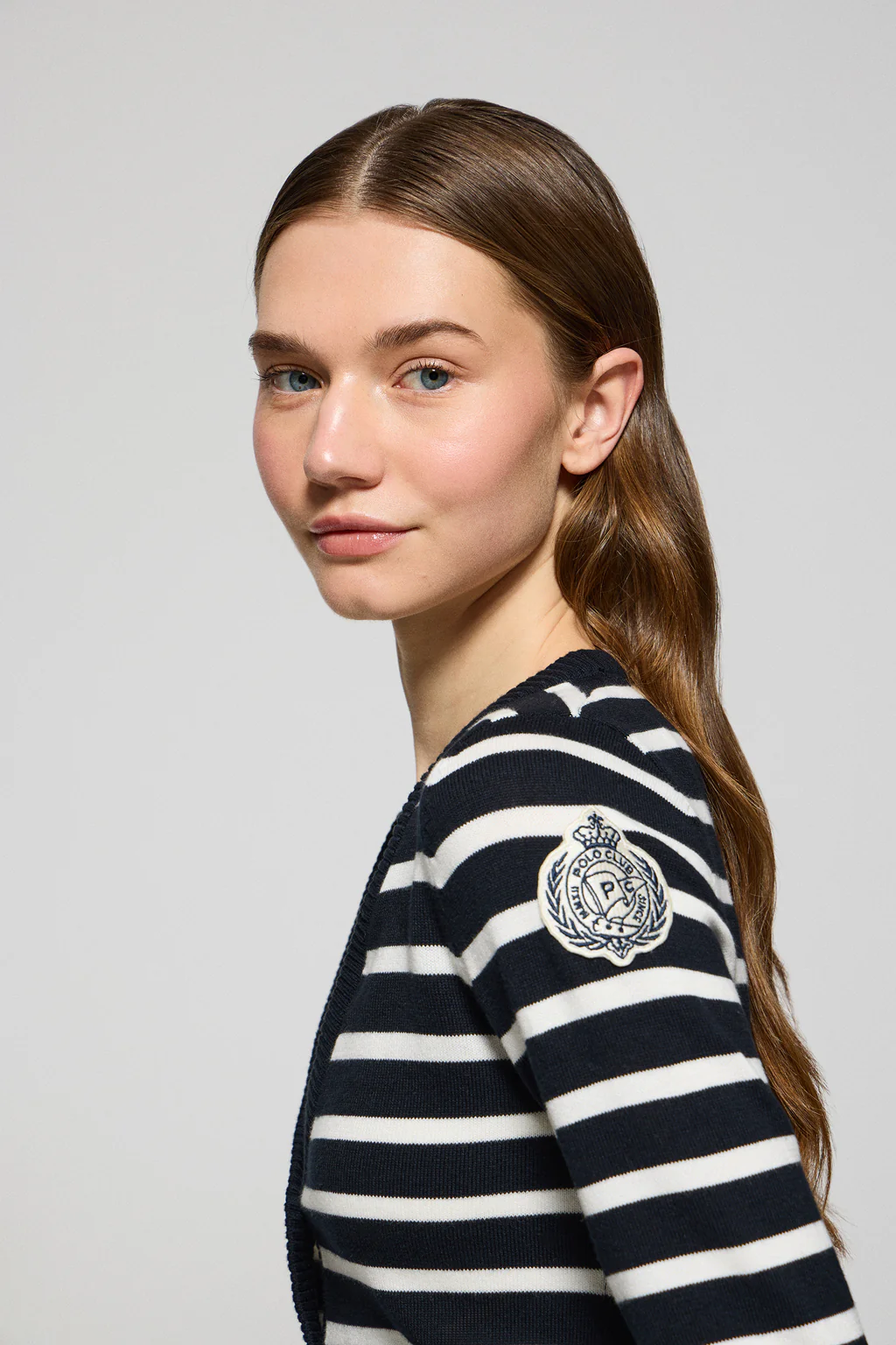 Navy-blue striped cardigan with nautical patch - Image 3