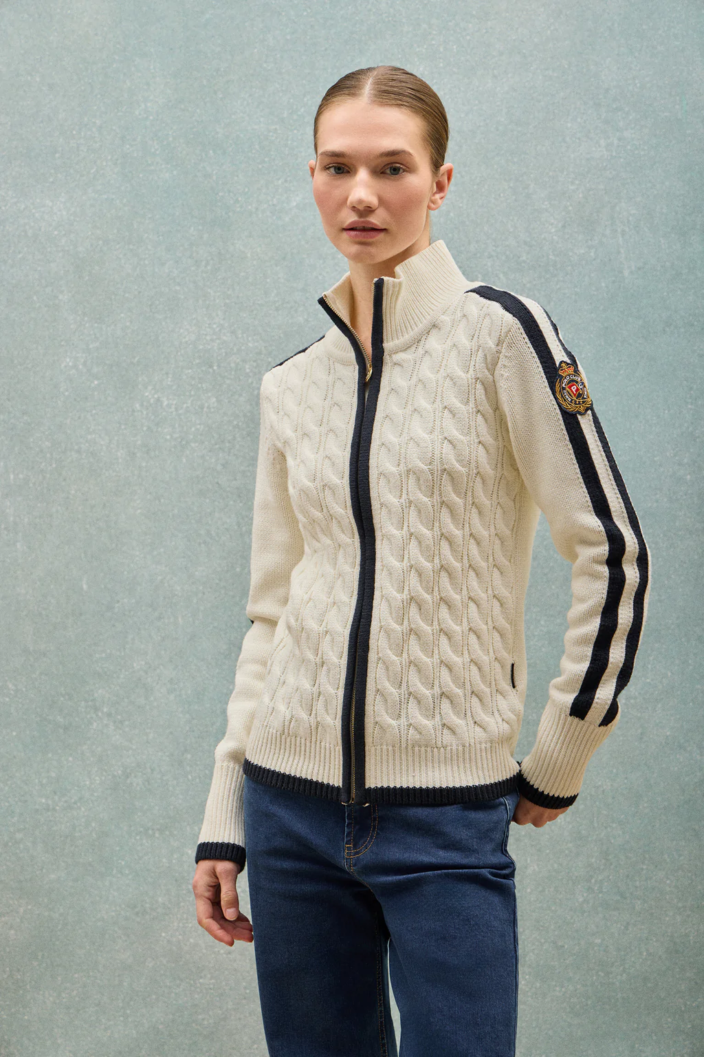 Beige cardigan with zip and Nautic Polo Club patch - Image 11