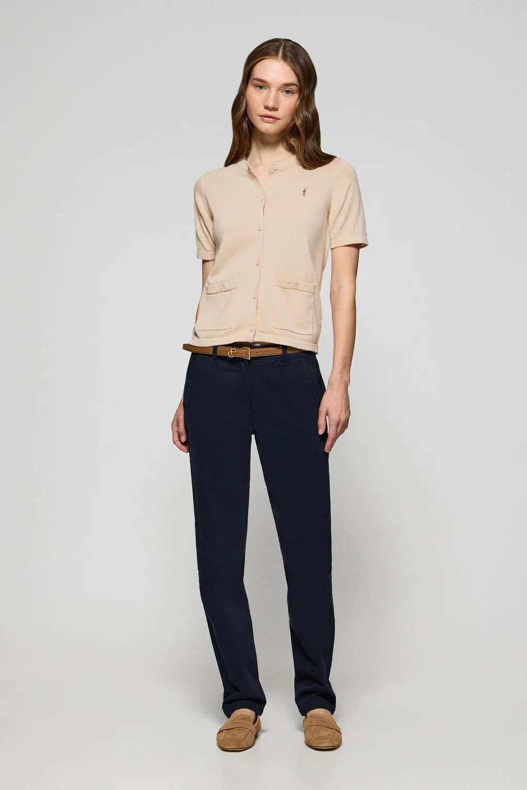 Beige short-sleeve buttoned cardigan with Rigby Go logo - Image 4