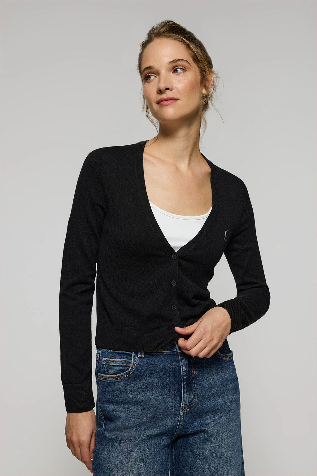 Black V-neck buttoned knit cardigan with Rigby Go logo