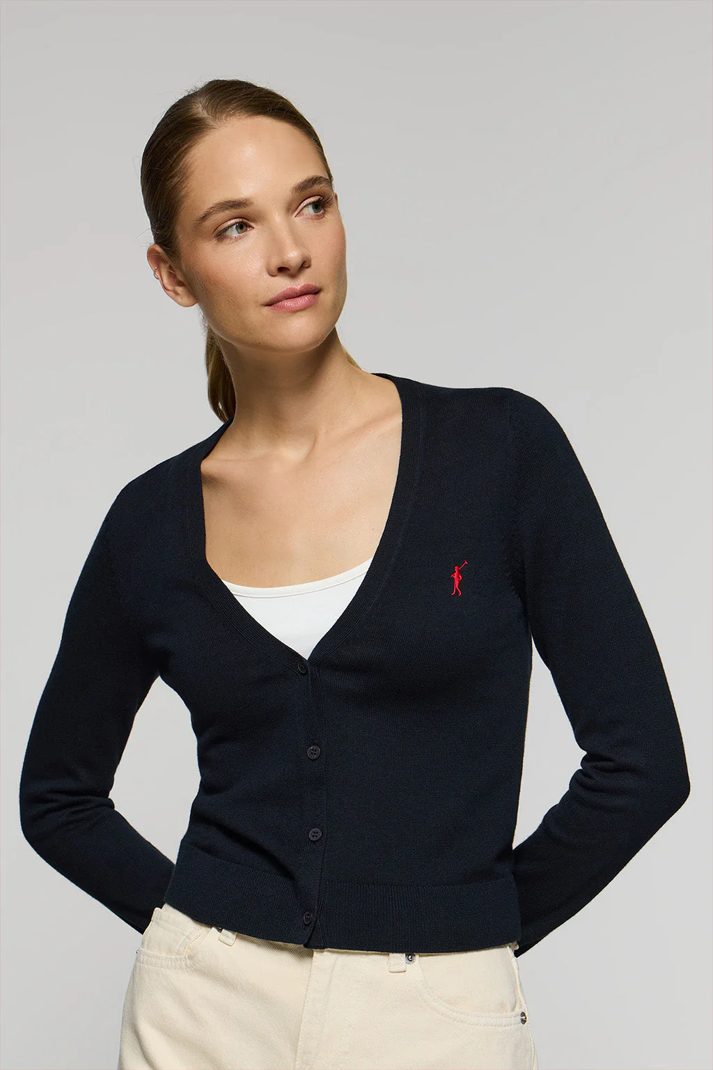 Navy-blue V-neck buttoned knit cardigan with Rigby Go logo