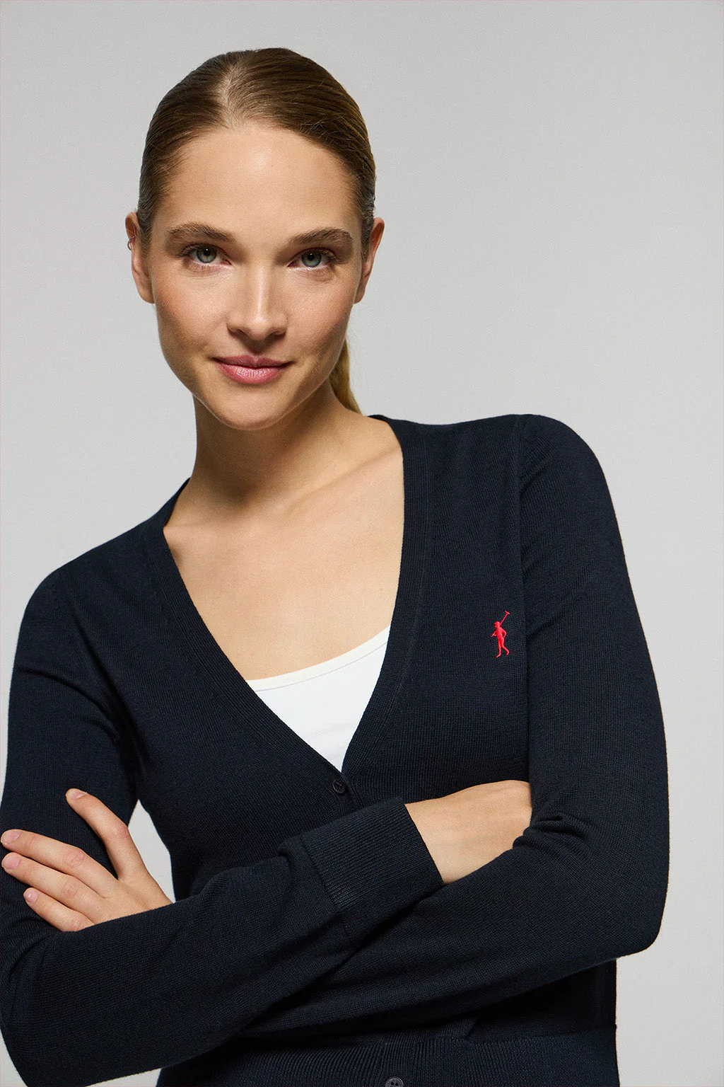 Navy-blue V-neck buttoned knit cardigan with Rigby Go logo - Image 2