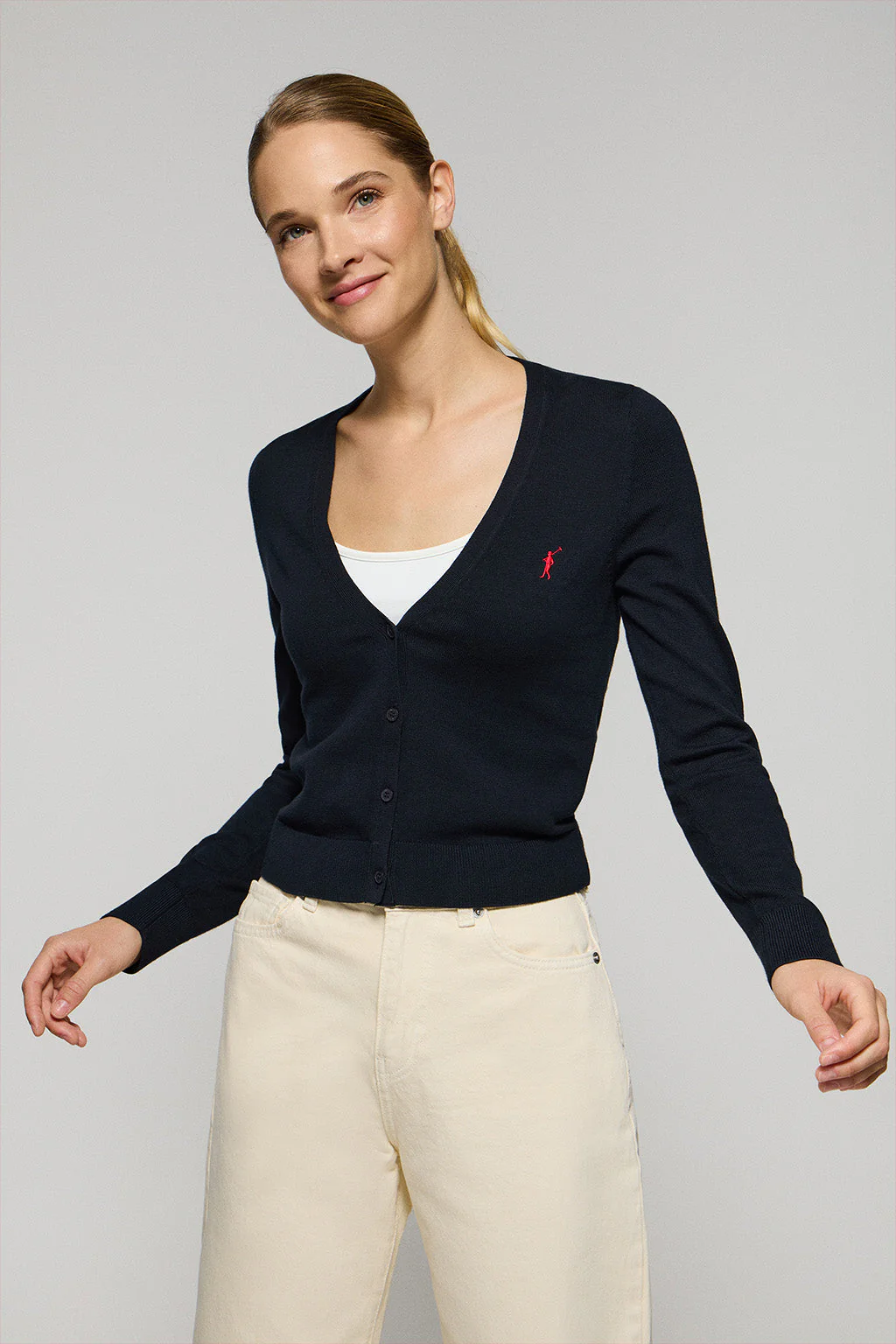 Navy-blue V-neck buttoned knit cardigan with Rigby Go logo - Image 4