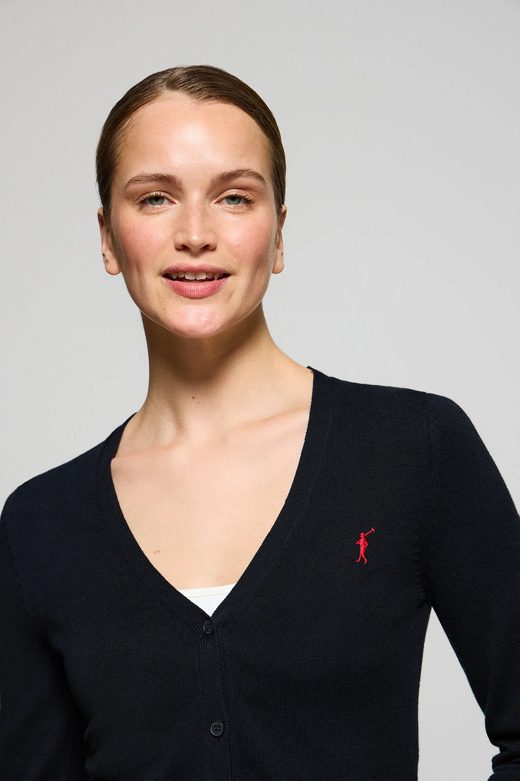 Navy-blue V-neck buttoned knit cardigan with Rigby Go embroidery - Image 3