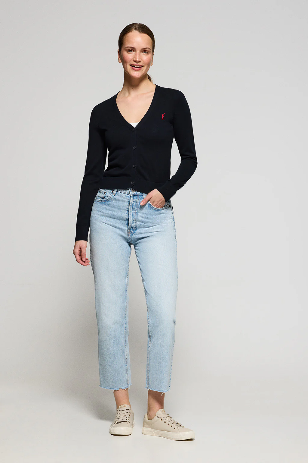 Navy-blue V-neck buttoned knit cardigan with Rigby Go embroidery - Image 4