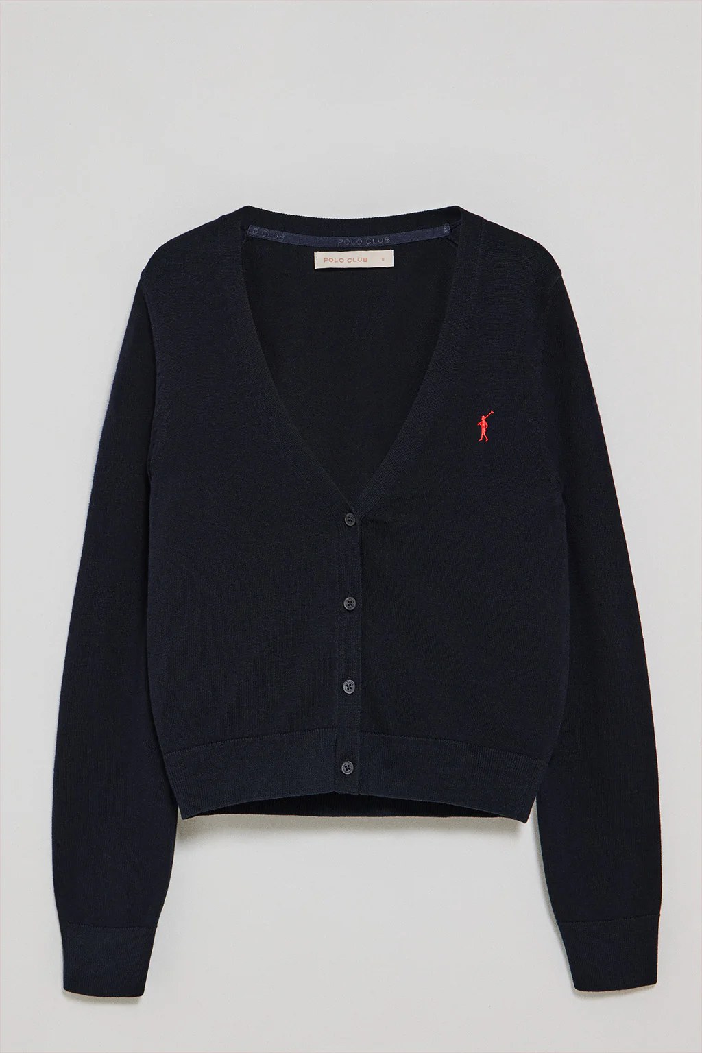 Navy-blue V-neck buttoned knit cardigan with Rigby Go embroidery - Image 5