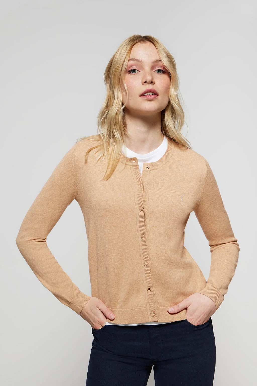 Caramel knit cardigan with buttons and embroidered Rigby Go logo - Image 3