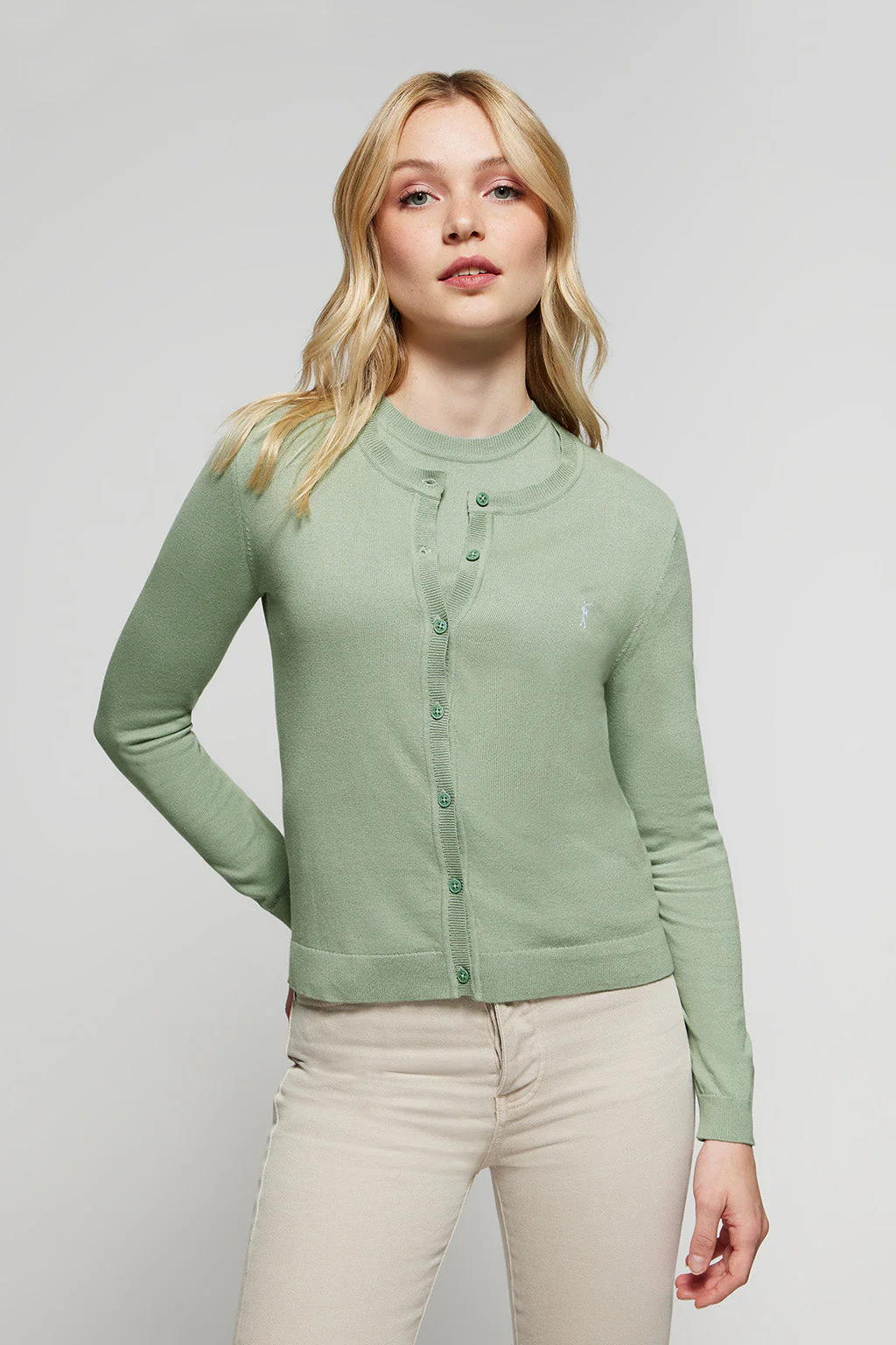 Jade-green knit cardigan with buttons and embroidered Rigby Go logo - Image 3