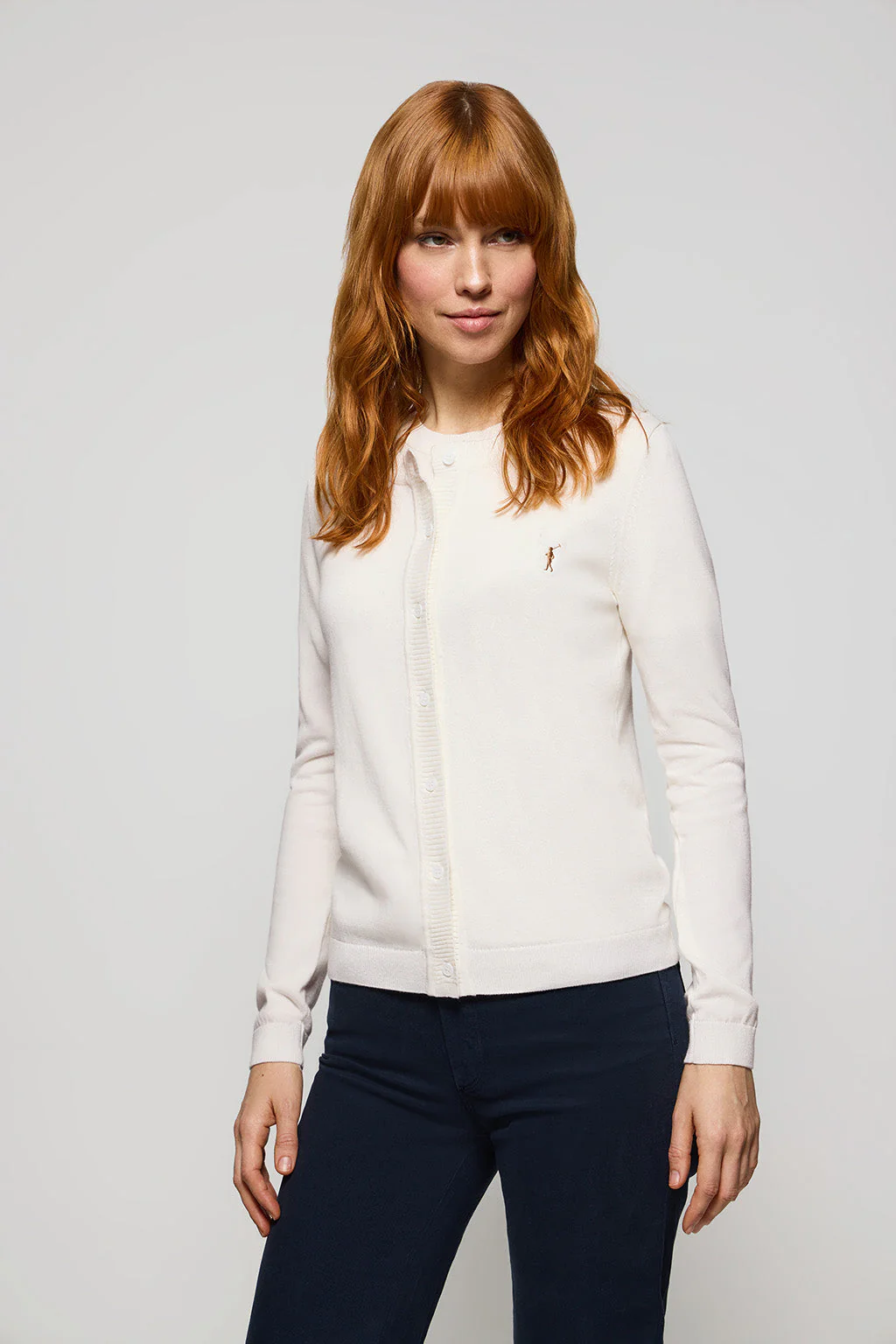 Beige knit cardigan with buttons and embroidered Rigby Go logo