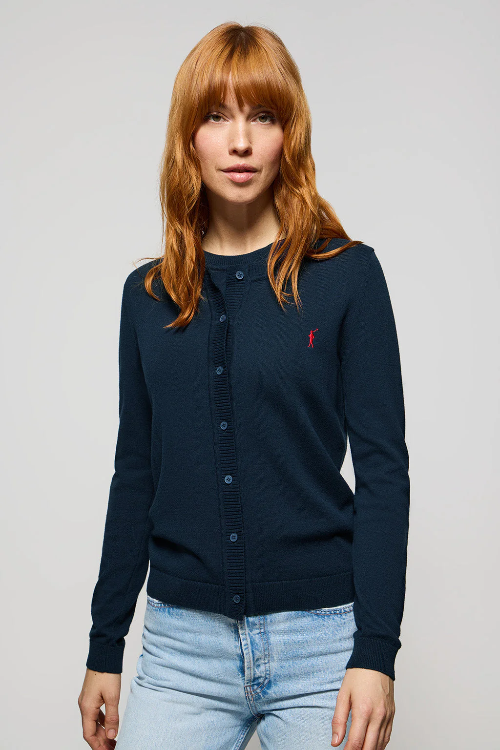 Navy-blue knit cardigan with buttons and embroidered Rigby Go logo
