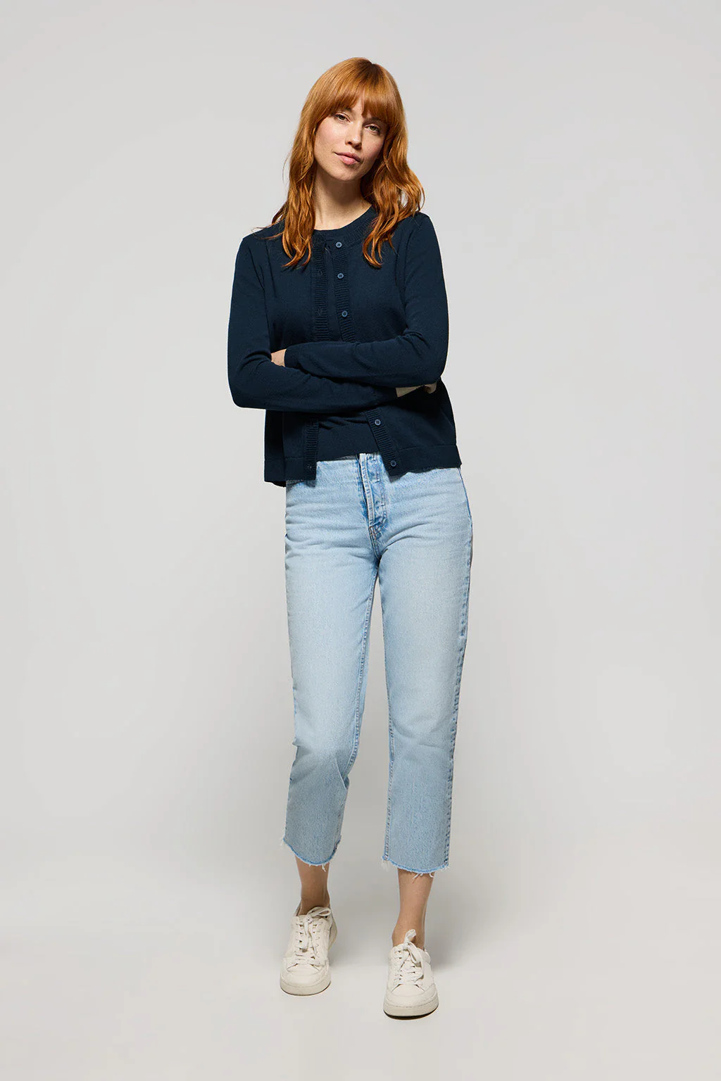 Navy-blue knit cardigan with buttons and embroidered Rigby Go logo - Image 2