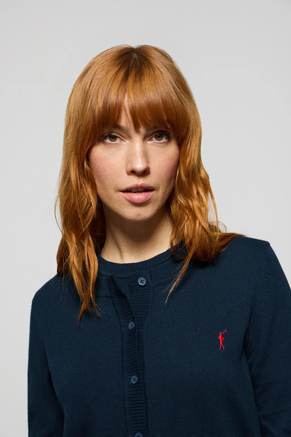 Navy-blue knit cardigan with buttons and embroidered Rigby Go logo - Image 3