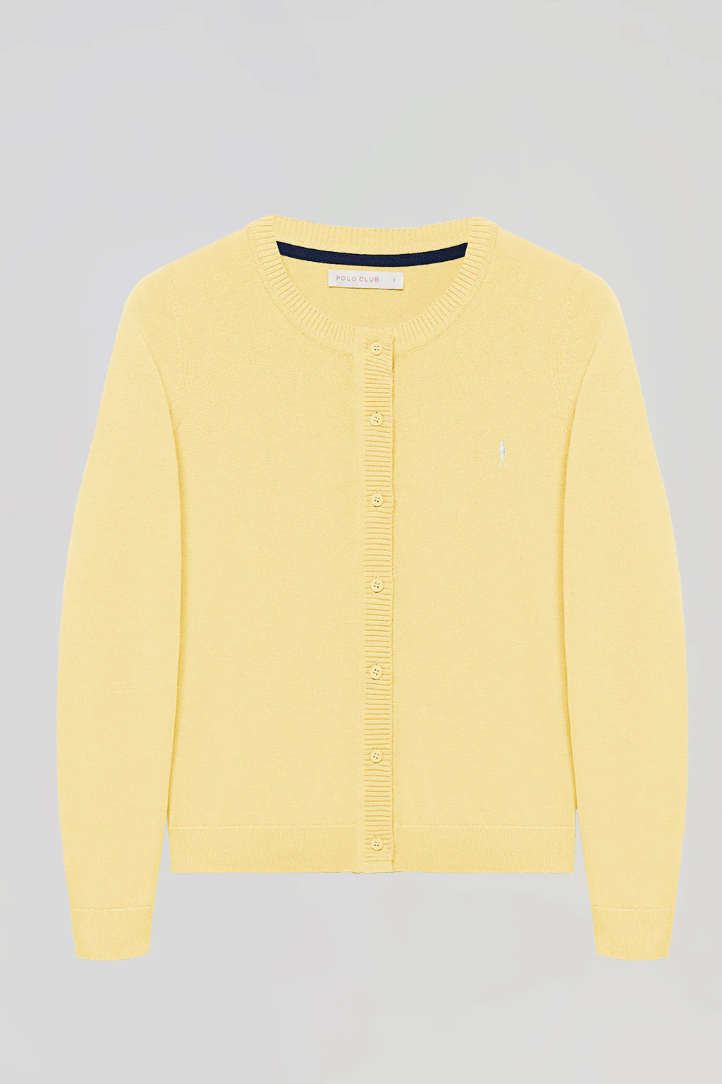 Light-yellow knit cardigan with buttons and embroidered Rigby Go logo - Image 9