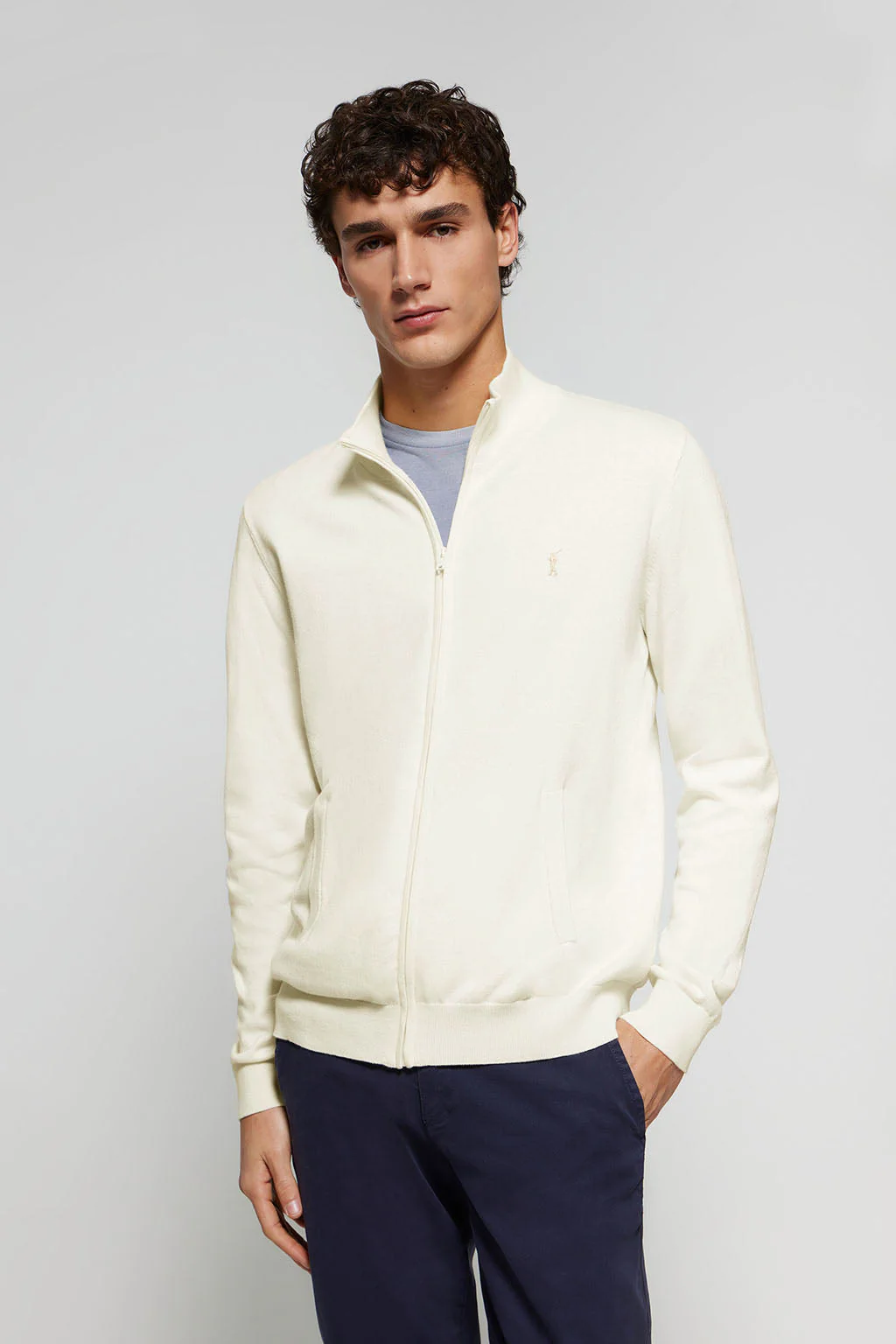 Beige cotton cardigan with zip and Rigby Go embroidery - Image 3