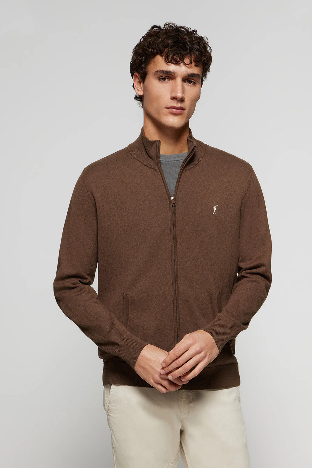 Brown cotton cardigan with zip and Rigby Go embroidery