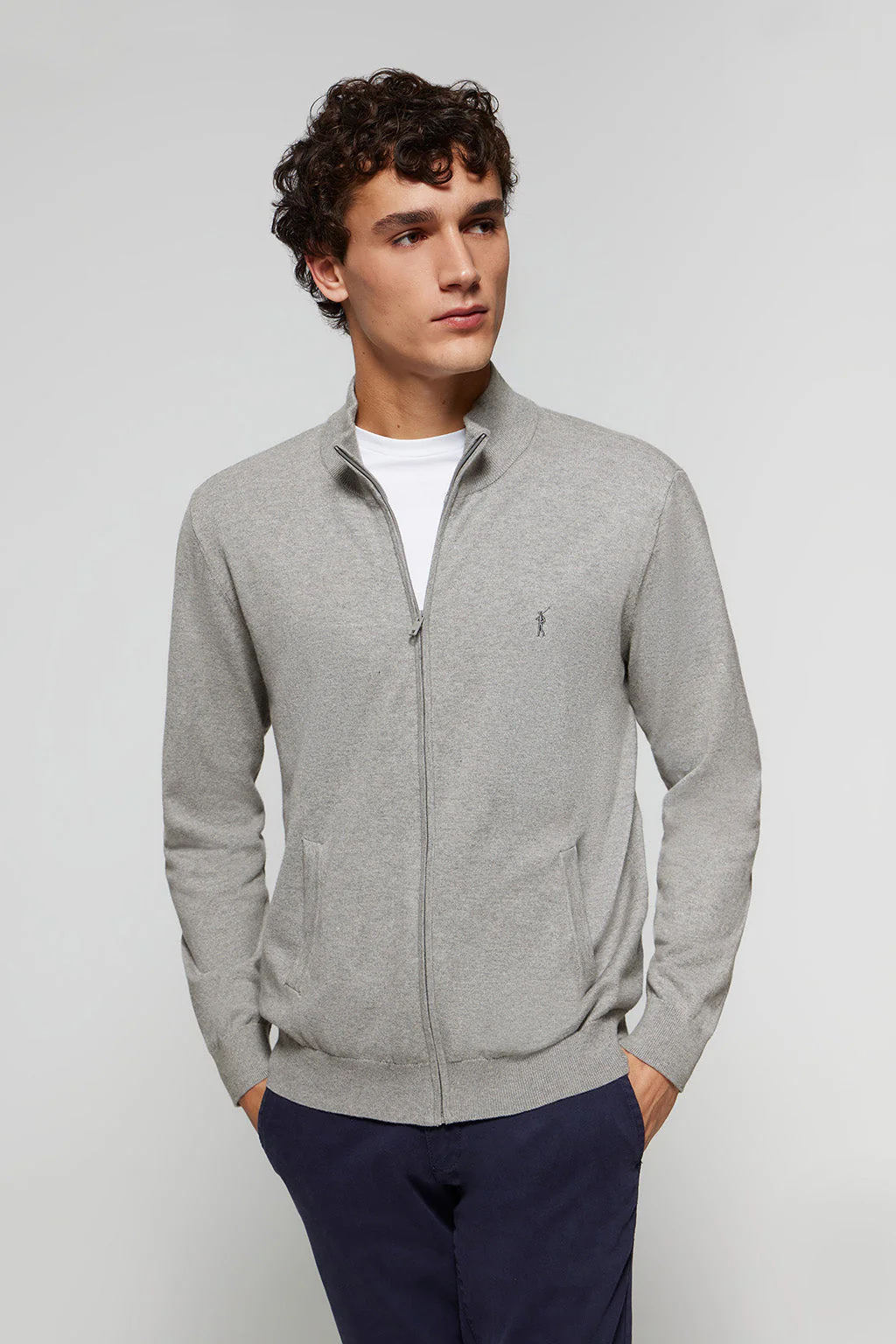 Grey-marl cotton cardigan with zip and Rigby Go embroidery