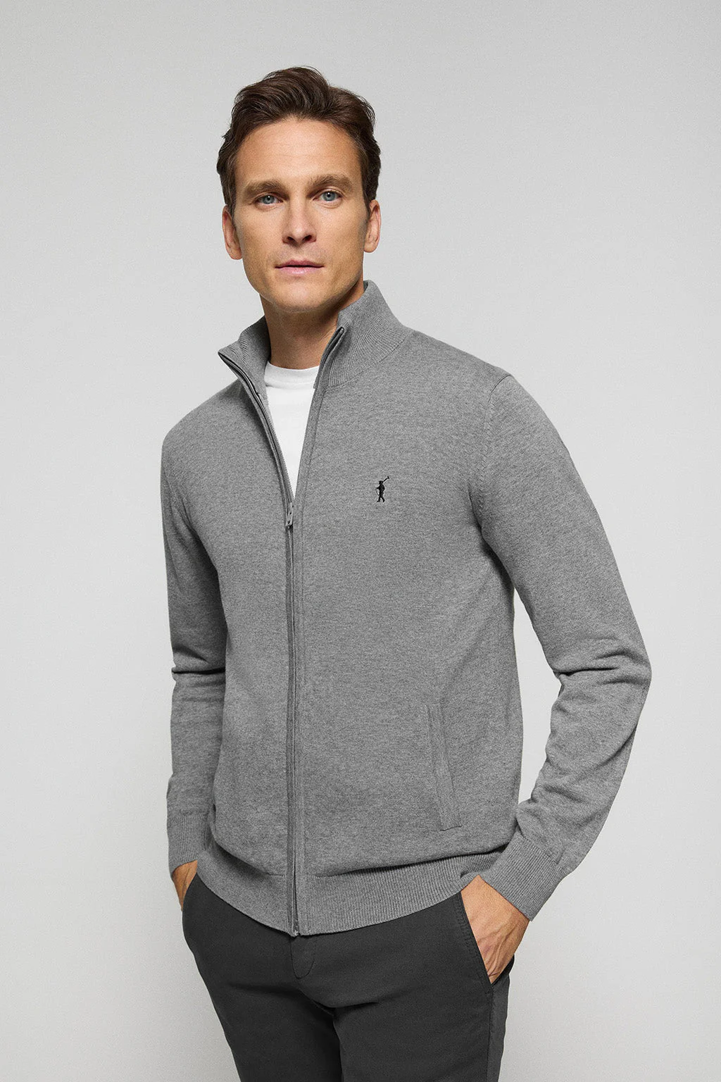 Grey-marl knit cardigan with Rigby Go embroidery