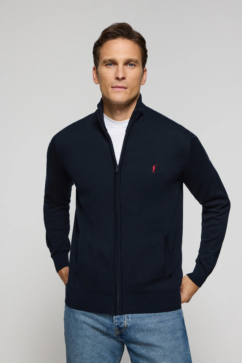 Navy-blue knit cardigan with Rigby Go embroidery