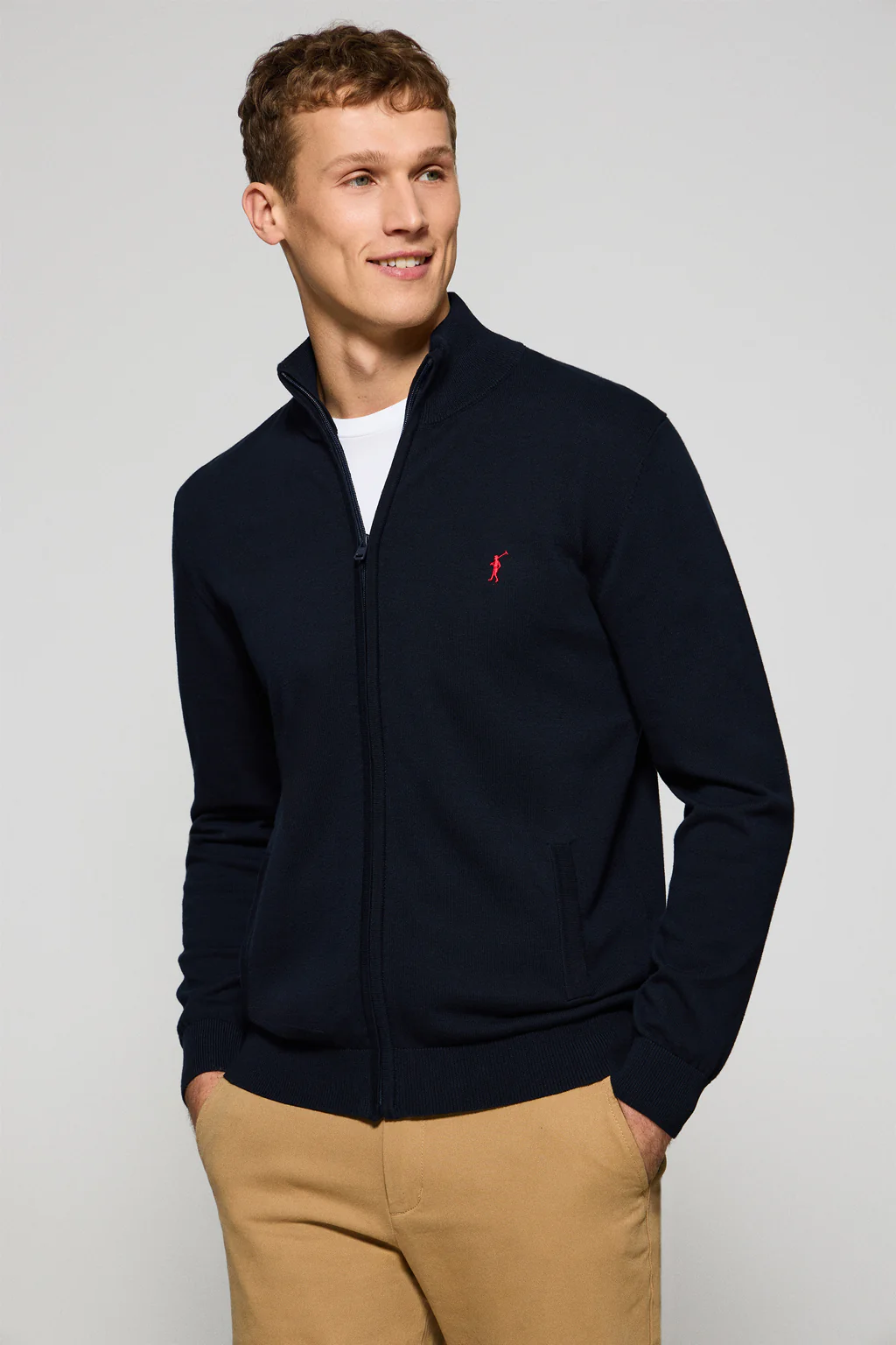 Navy-blue knit cardigan with zip and Rigby Go embroidery