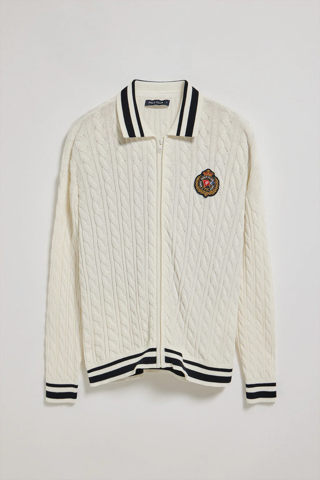 Beige cable-knit cardigan with zip and nautical logo - Image 5
