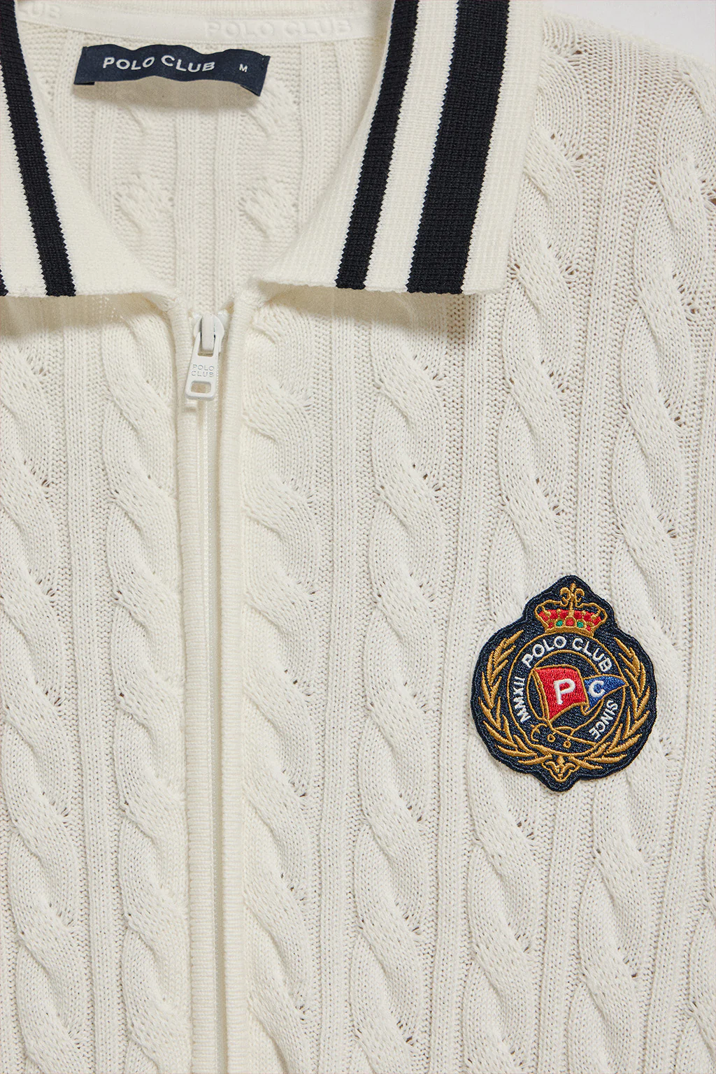 Beige cable-knit cardigan with zip and nautical logo - Image 6
