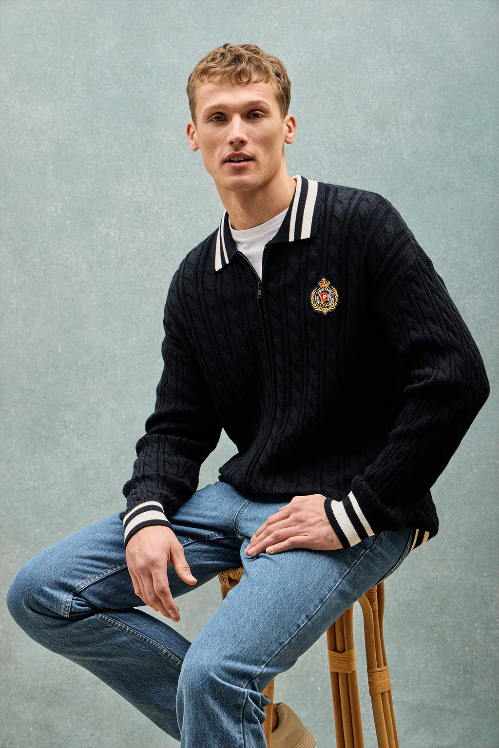 Navy-blue cable-knit cardigan with zip and nautical logo - Image 10