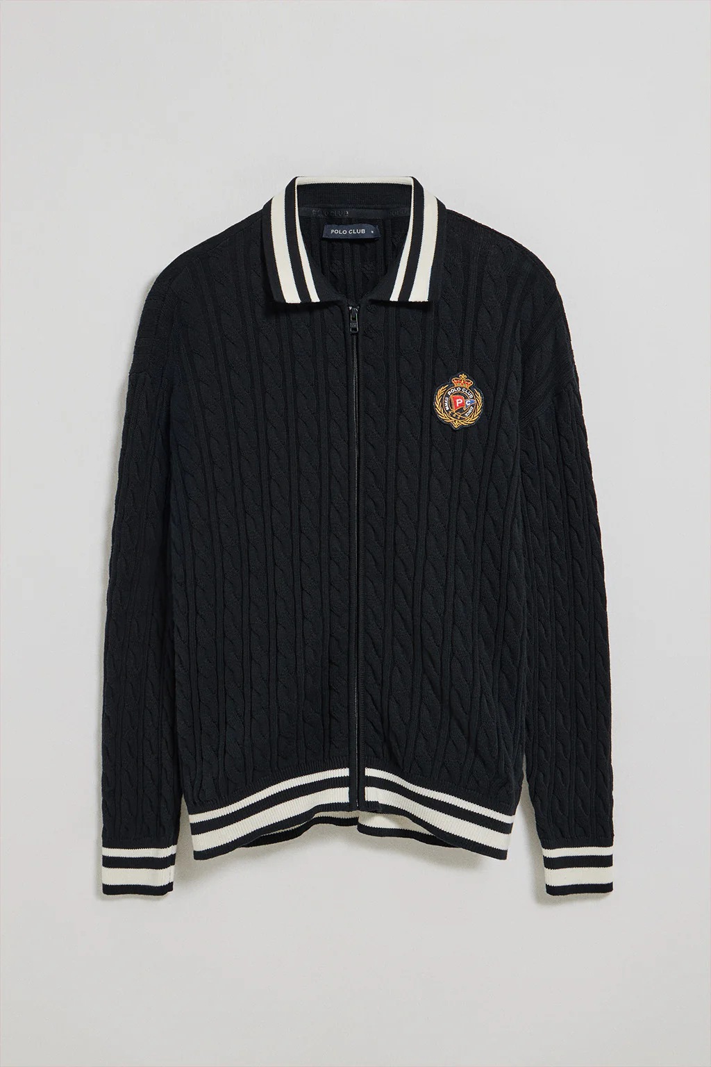 Navy-blue cable-knit cardigan with zip and nautical logo - Image 5