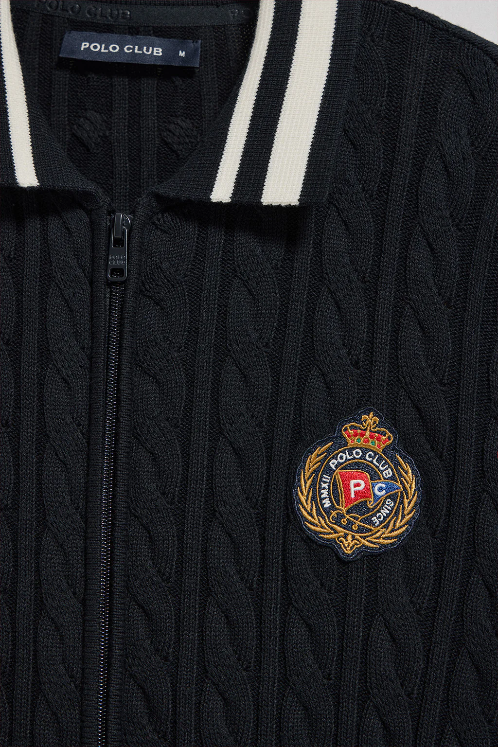 Navy-blue cable-knit cardigan with zip and nautical logo - Image 6
