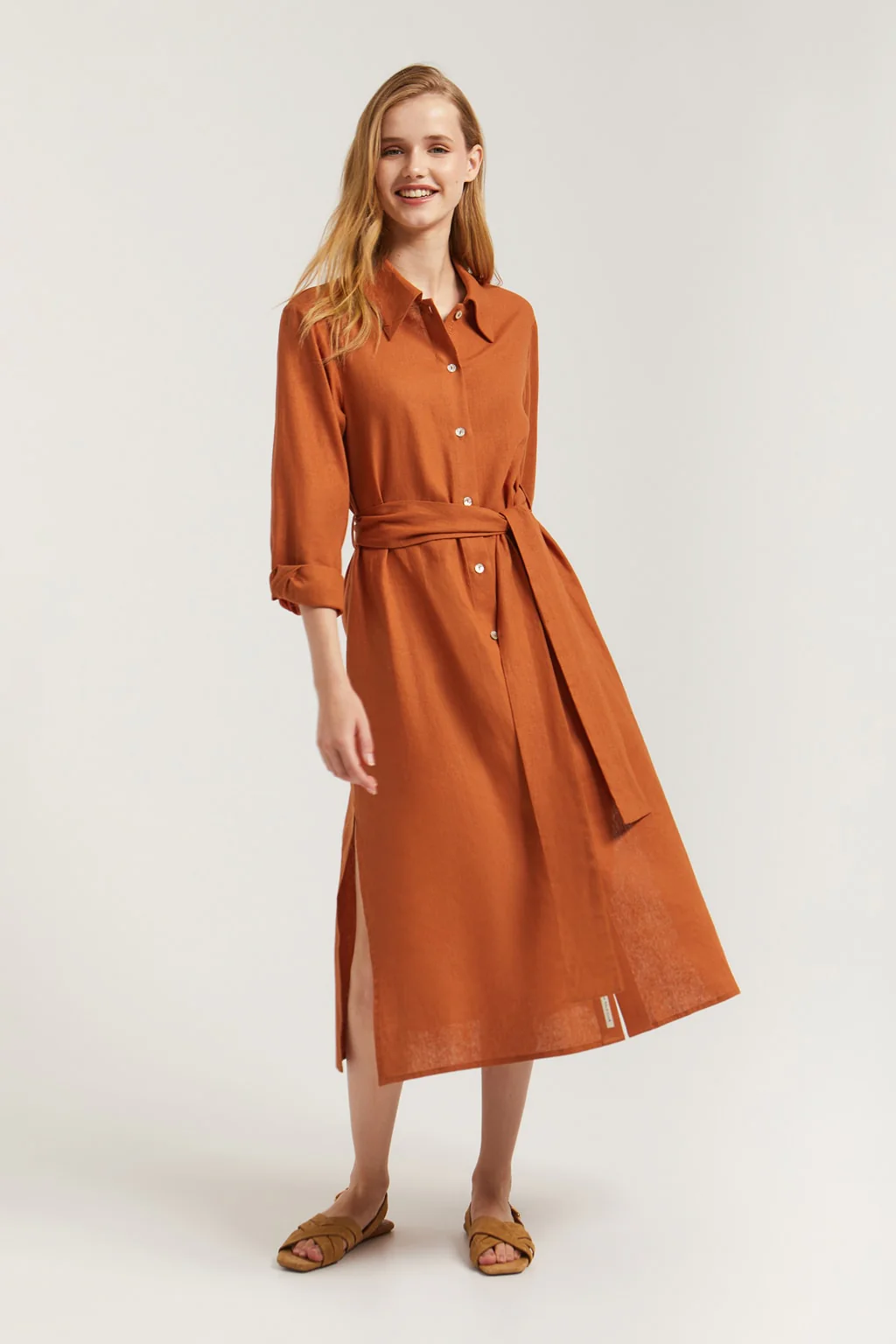 Caldera-red linen midi dress with embroidered detail