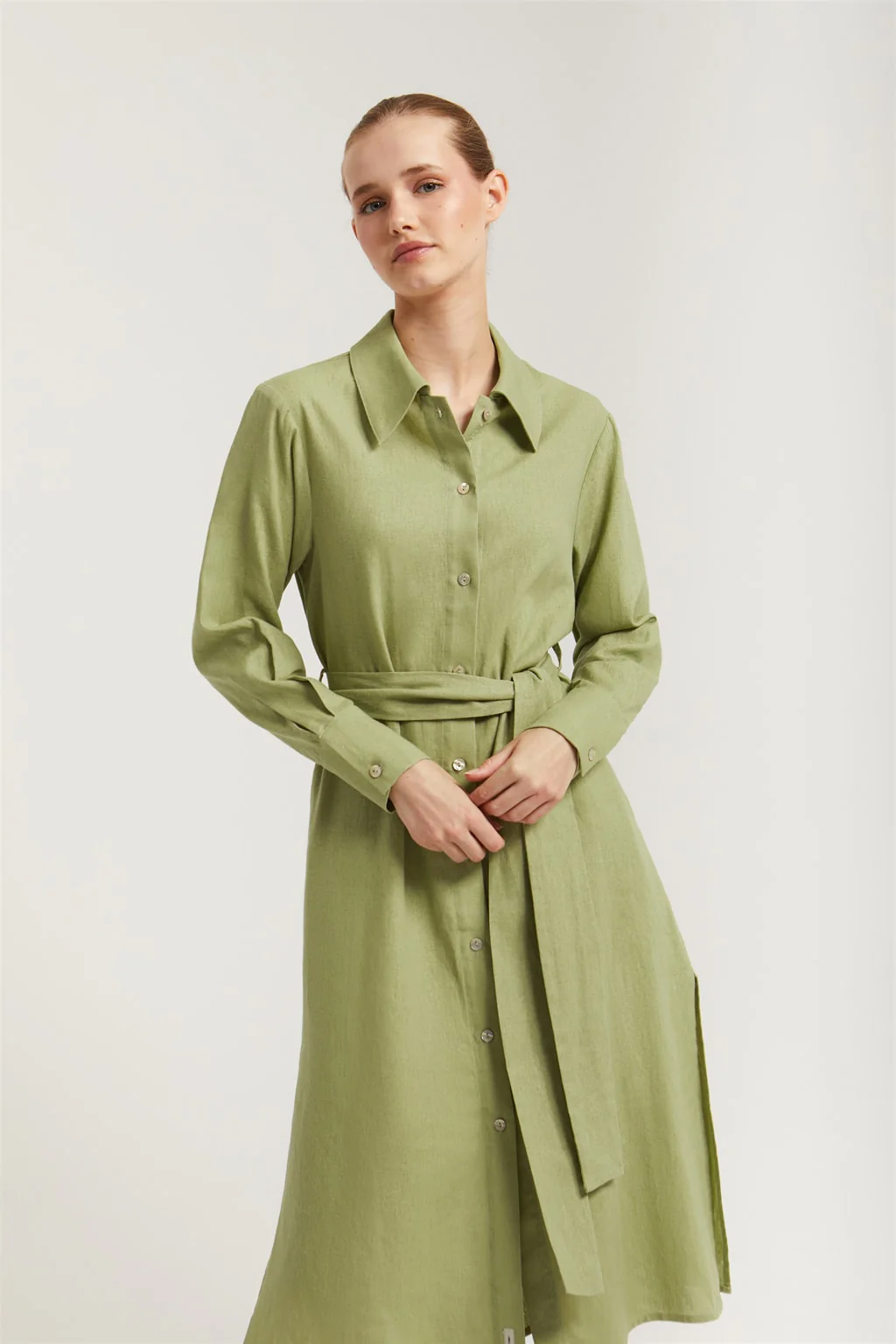 Green linen midi dress with embroidered detail