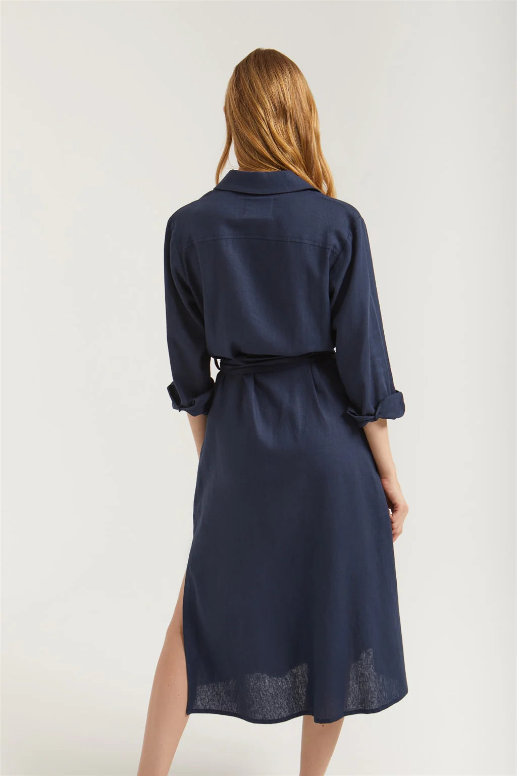 Navy-blue linen midi dress with embroidered detail - Image 6