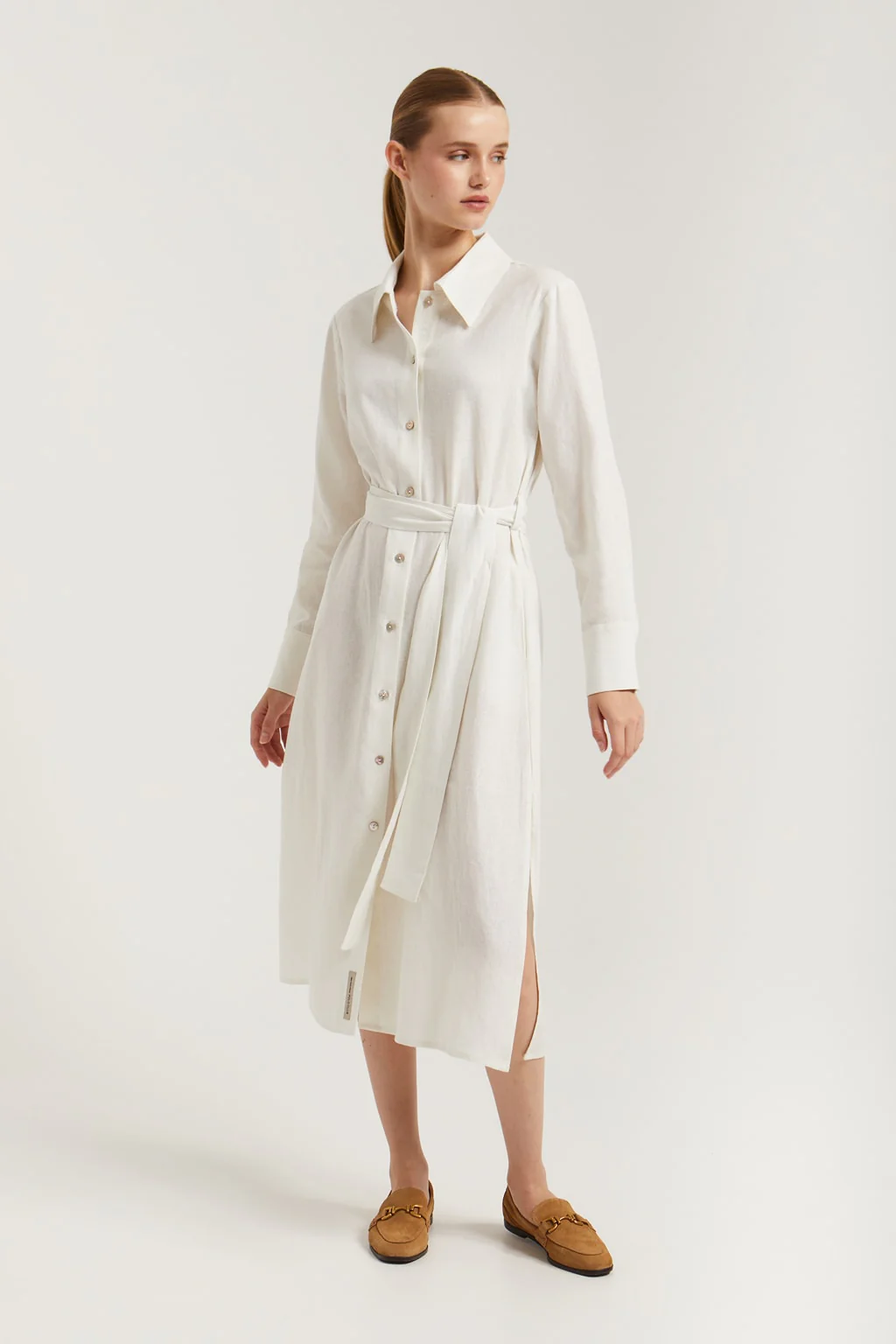 White linen midi dress with embroidered detail - Image 3