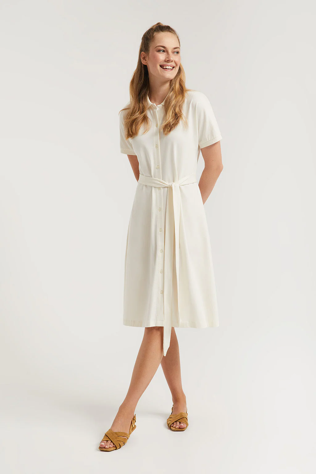 Beige midi dress with embroidered logo in matching colour - Image 3