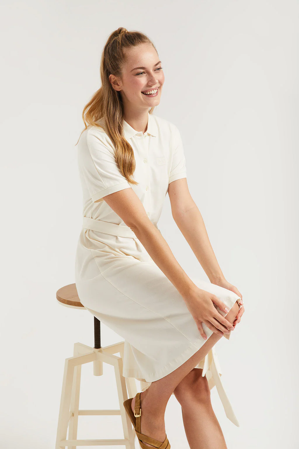 Beige midi dress with embroidered logo in matching colour - Image 4