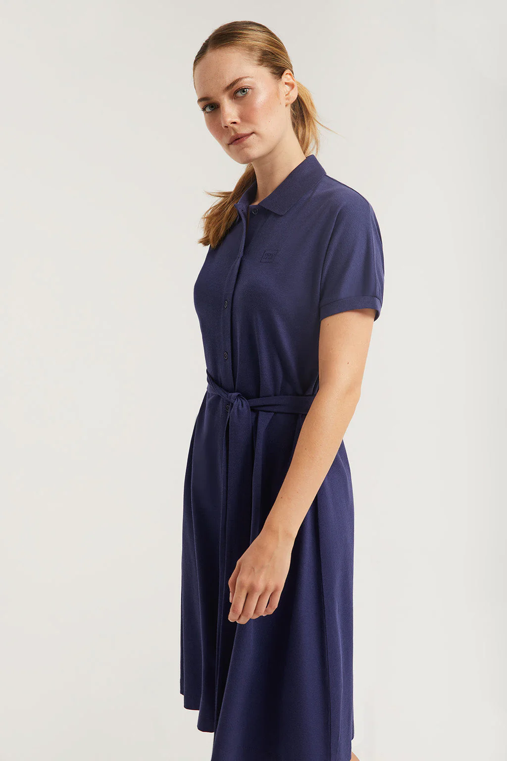 Navy-blue midi dress with embroidered logo in matching colour