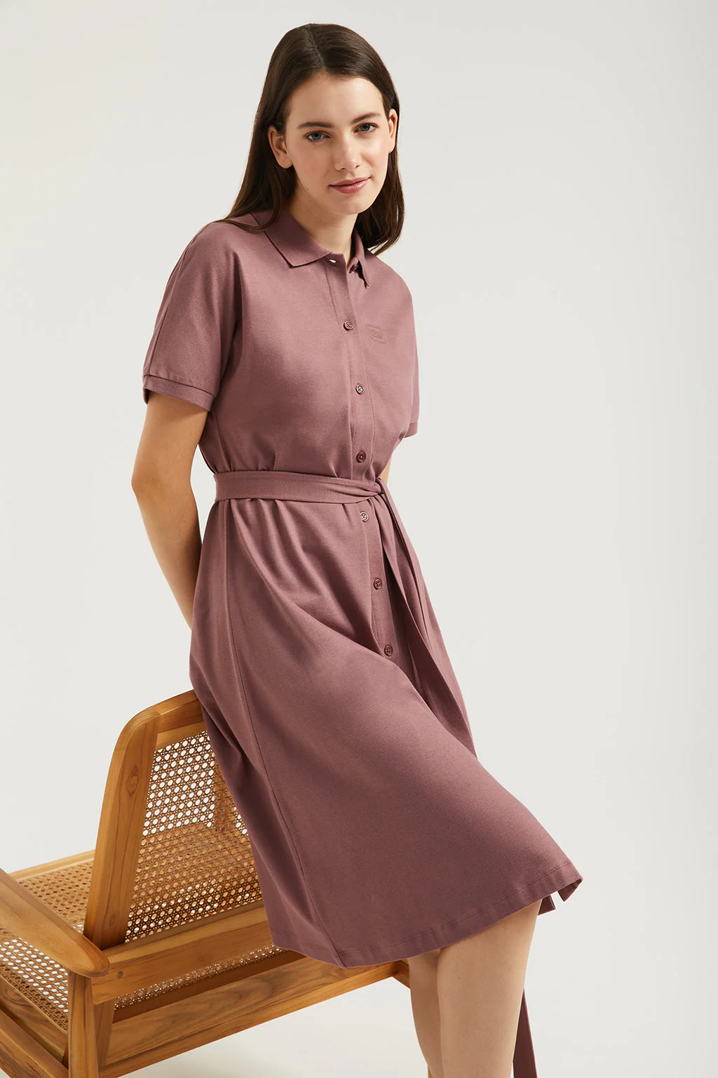 Taupe midi dress with embroidered logo in matching colour