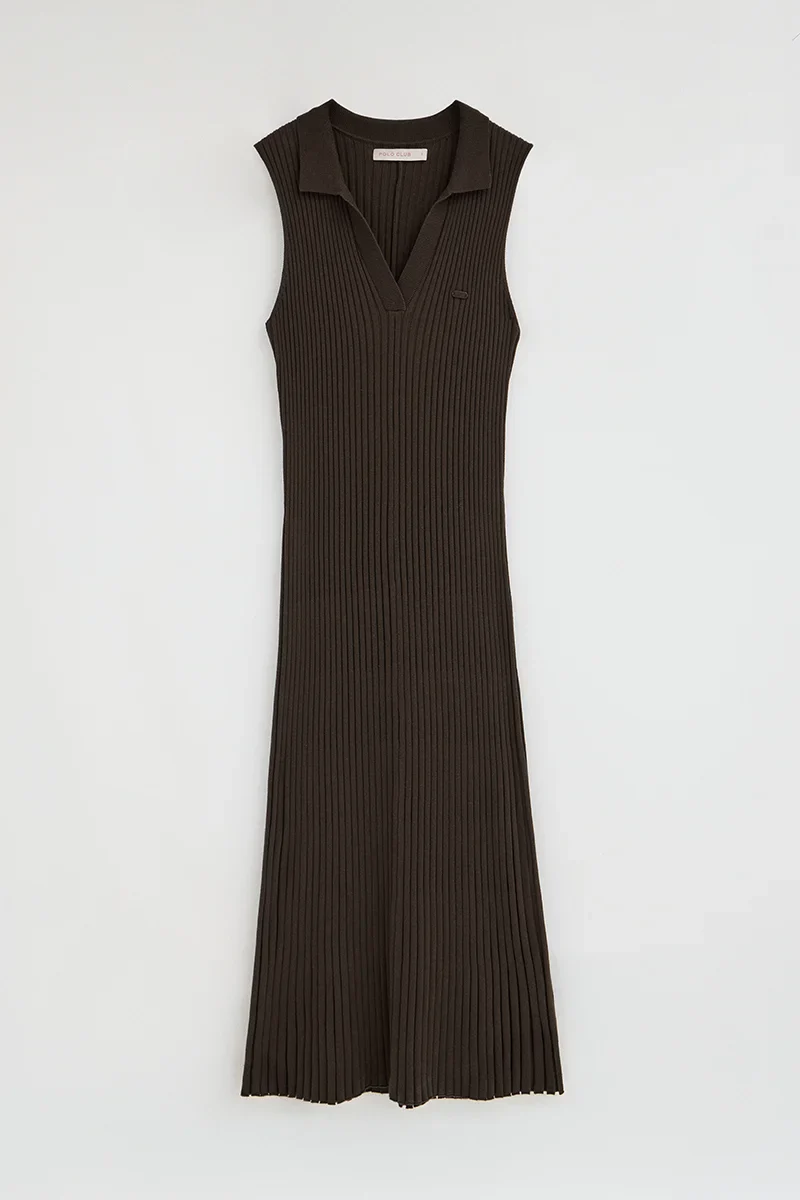 Dark-chocolate pleated sleeveless dress with Polo Club logo - Image 9