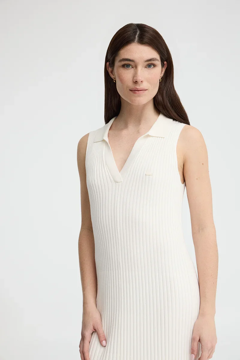 Nude pleated sleeveless dress with Polo Club logo