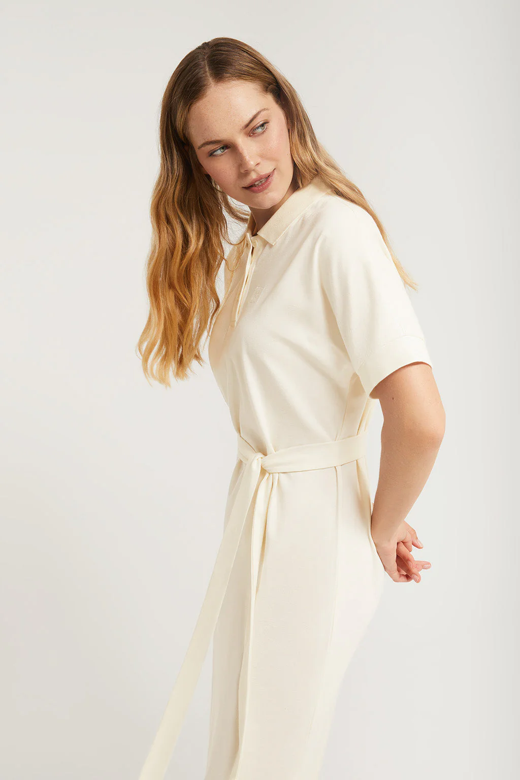 Beige dolman-sleeve dress with embroidery in matching colour