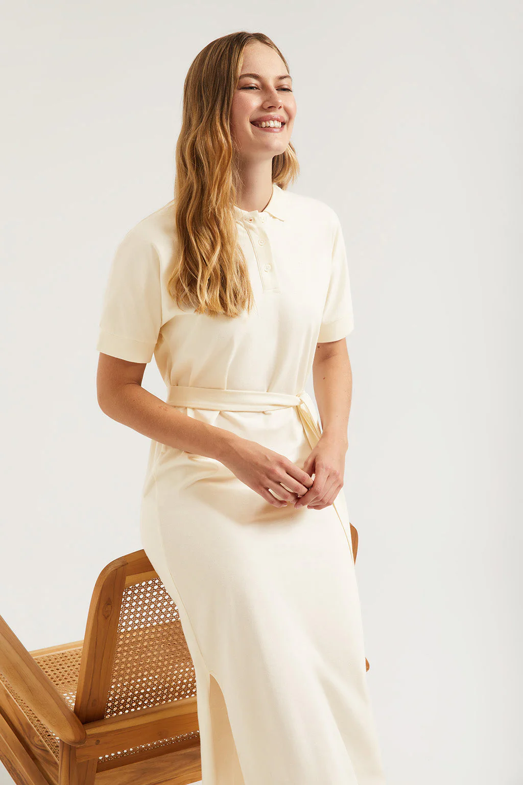 Beige dolman-sleeve dress with embroidery in matching colour - Image 5