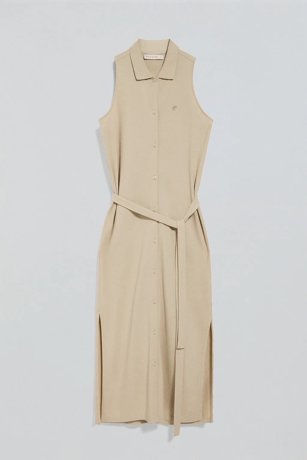Beige sleeveless buttoned dress with embroidered monogram - Image 8