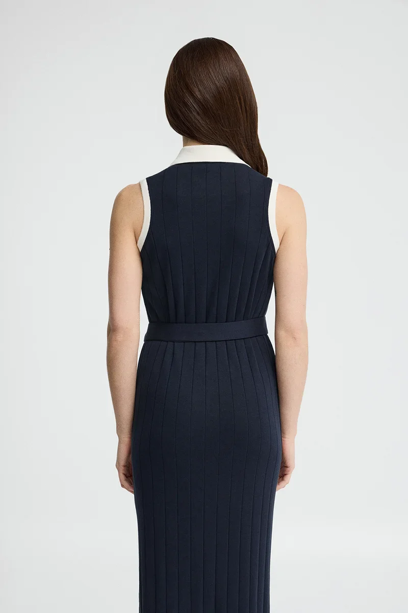 Navy-blue ribbed dress with tie waist Polo Club - Image 5